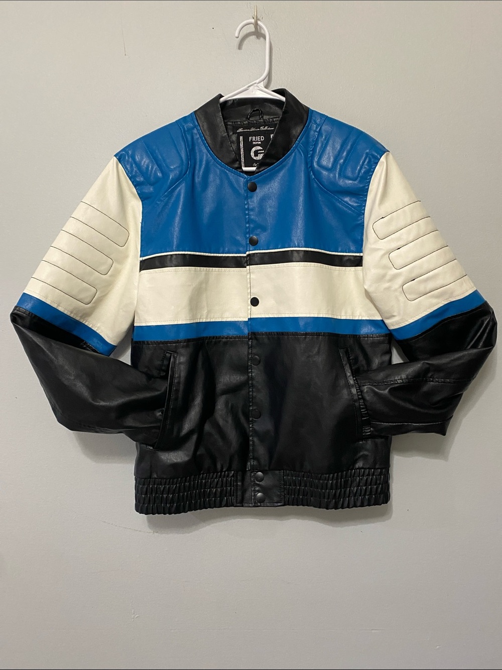 Fried Denim NYC colorblock faux leather jacket in blue, white & Black MEDIUM